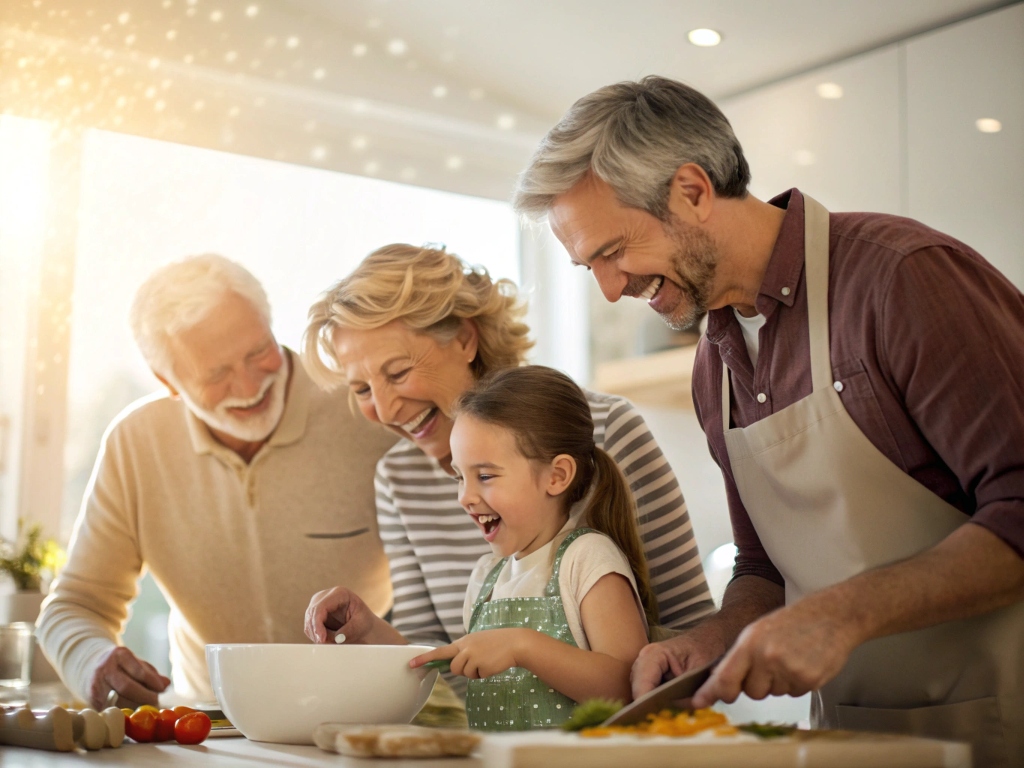 Một gia đình nhiều thế hệ cùng nhau nấu ăn vui vẻ, thể hiện tầm nhìn của Banacare