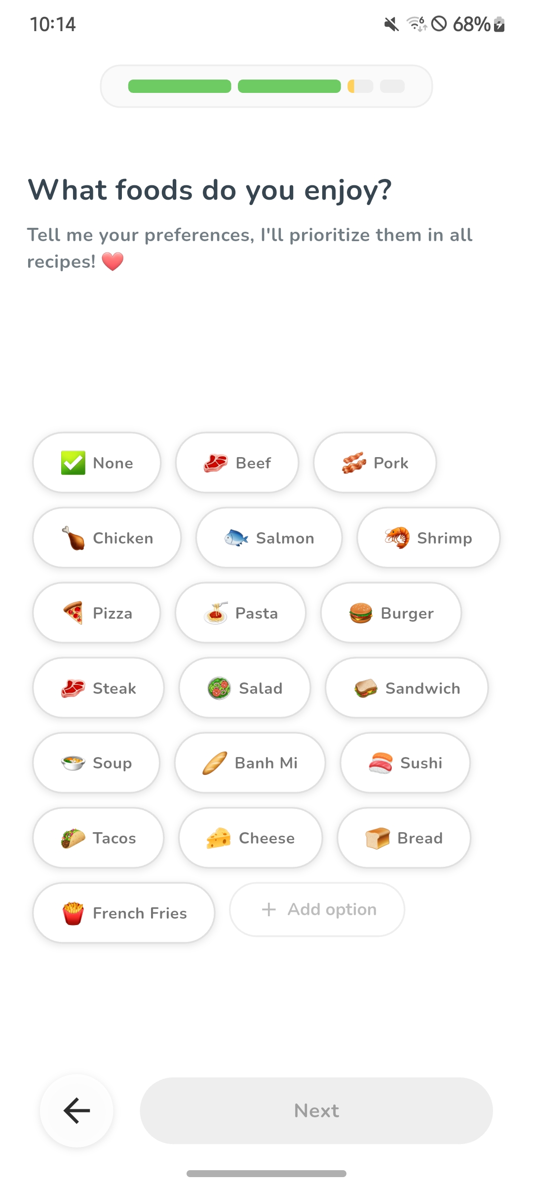 BanaChef AI - Food Preferences Selection
